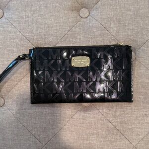 Michael Kors Black Patent MK Logo Wristlet Clutch with Gold Plaque
